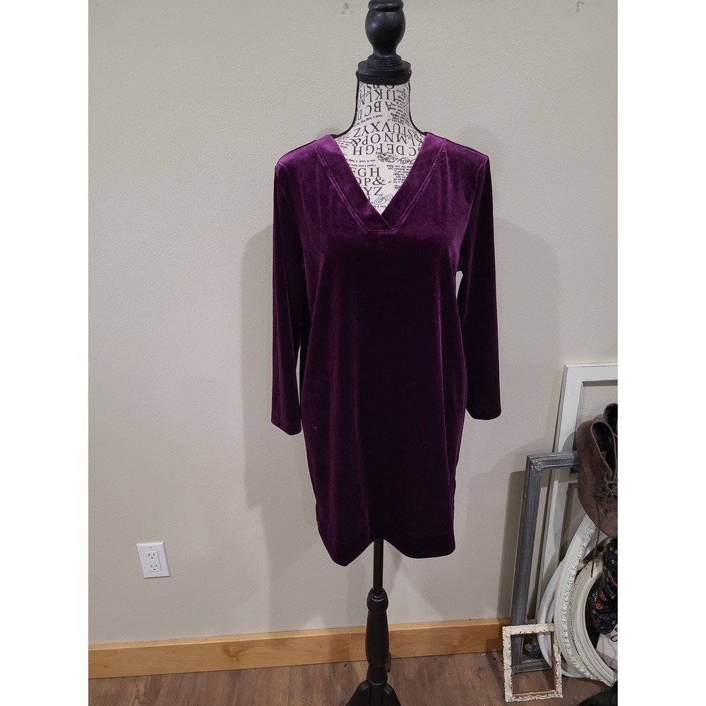 Land's End Jewel Tone Purple Velour V neck Tunic Top 3/4 Sleeve Women SZ M 10-12